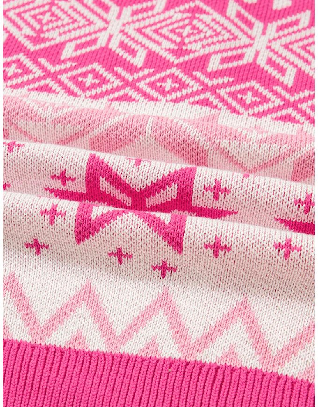 Rose Red Christmas Snowflake Quarter Zip Collard Sweater