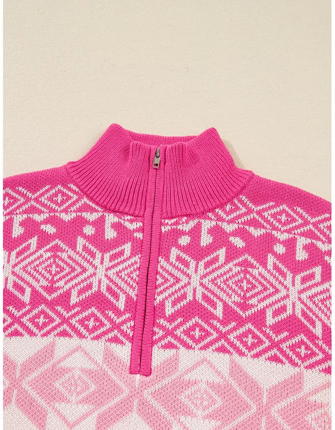 Rose Red Christmas Snowflake Quarter Zip Collard Sweater