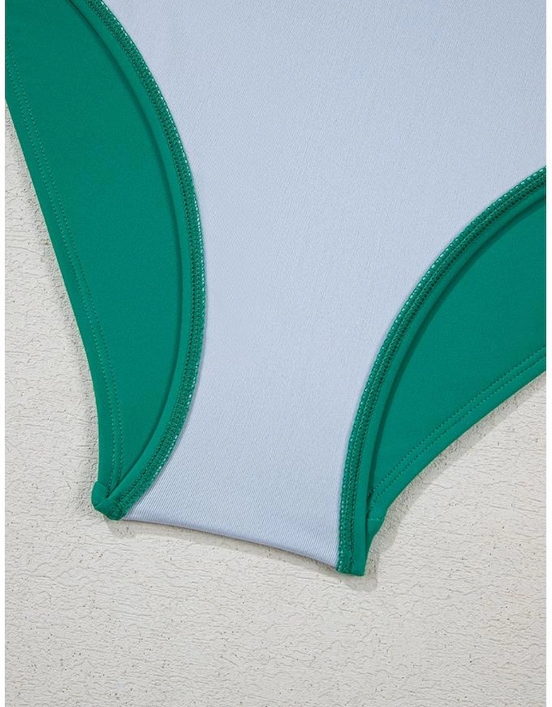 Sea Green Contrast Trim Colorblock Patchwork High Waisted Bikini