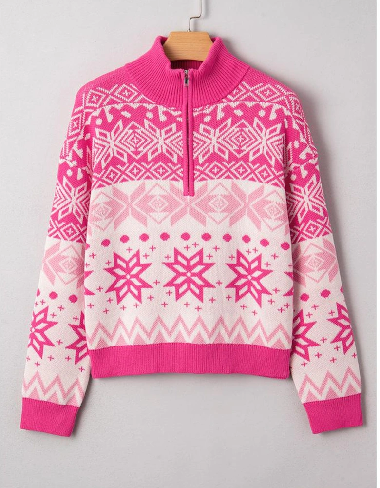 Rose Red Christmas Snowflake Quarter Zip Collard Sweater
