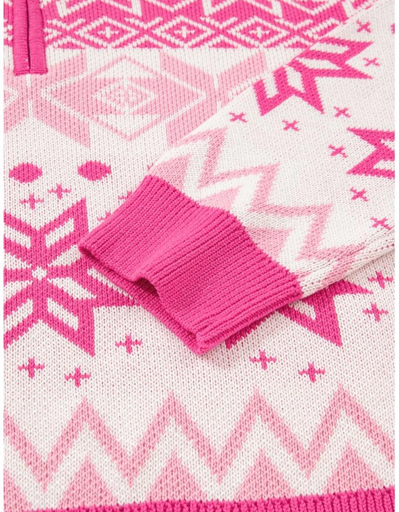 Rose Red Christmas Snowflake Quarter Zip Collard Sweater