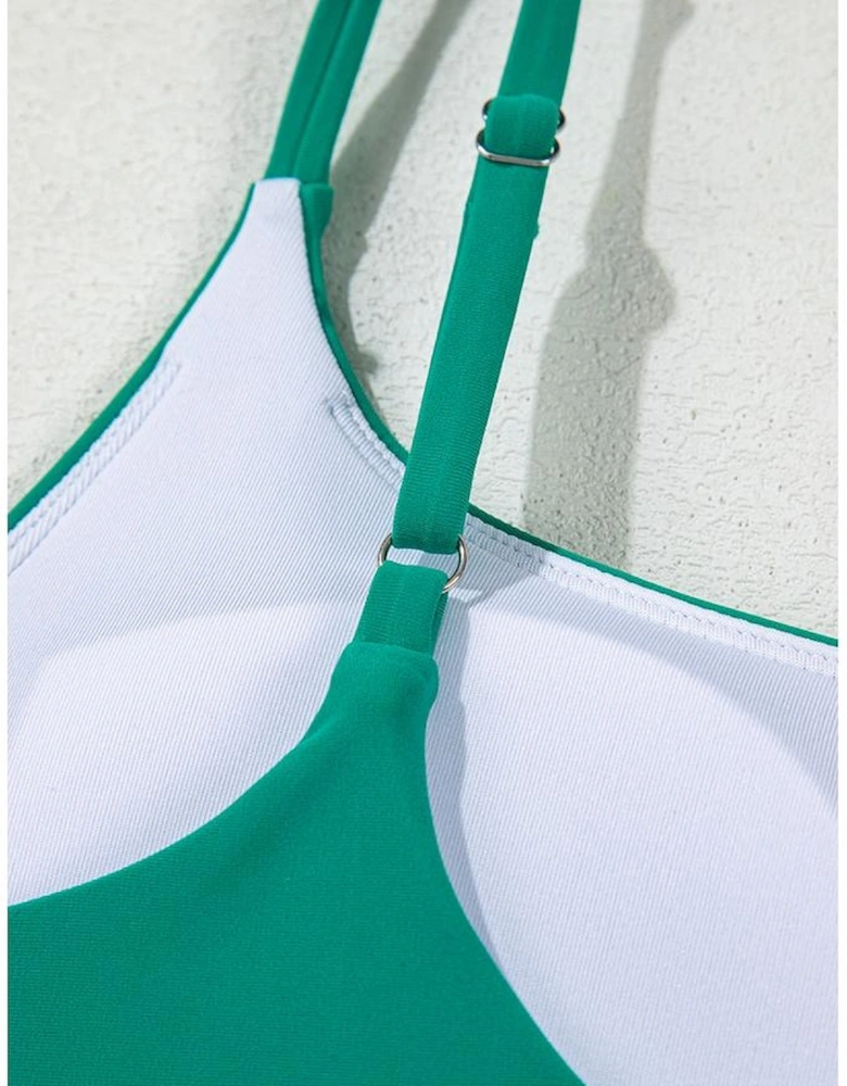 Sea Green Contrast Trim Colorblock Patchwork High Waisted Bikini