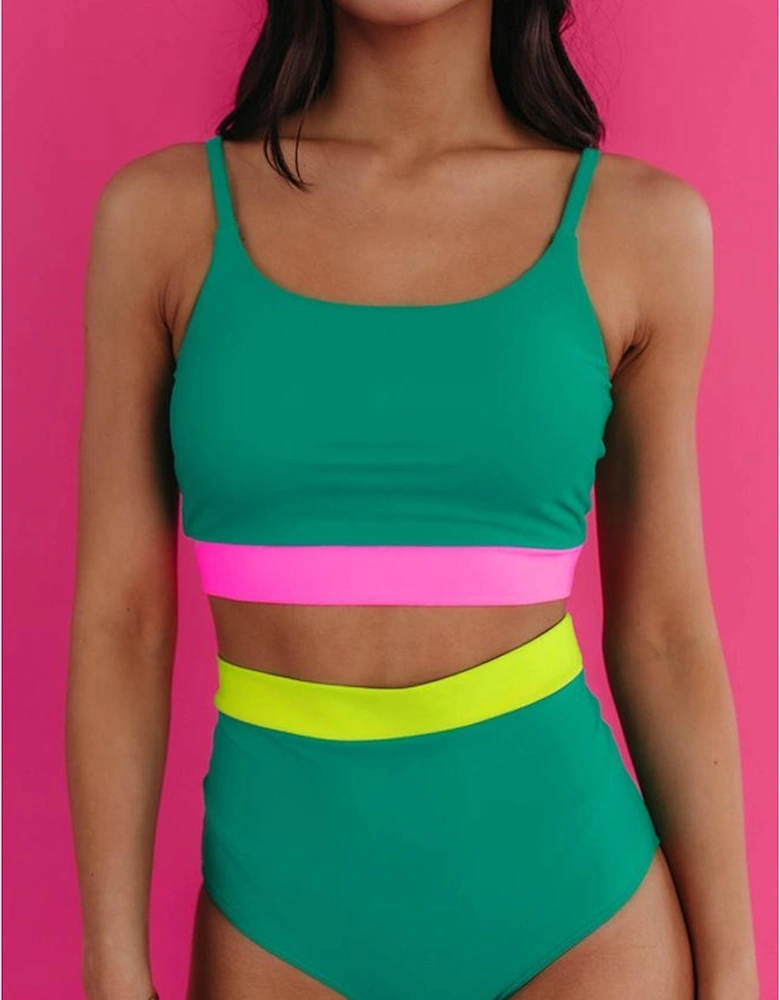 Sea Green Contrast Trim Colorblock Patchwork High Waisted Bikini