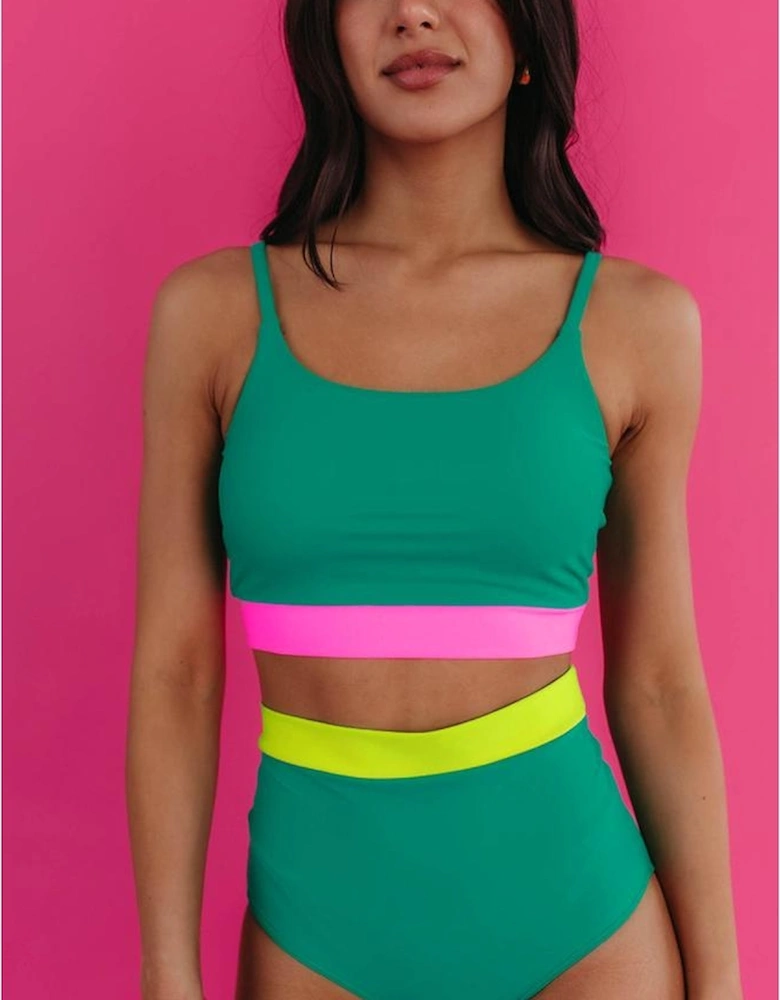 Sea Green Contrast Trim Colorblock Patchwork High Waisted Bikini