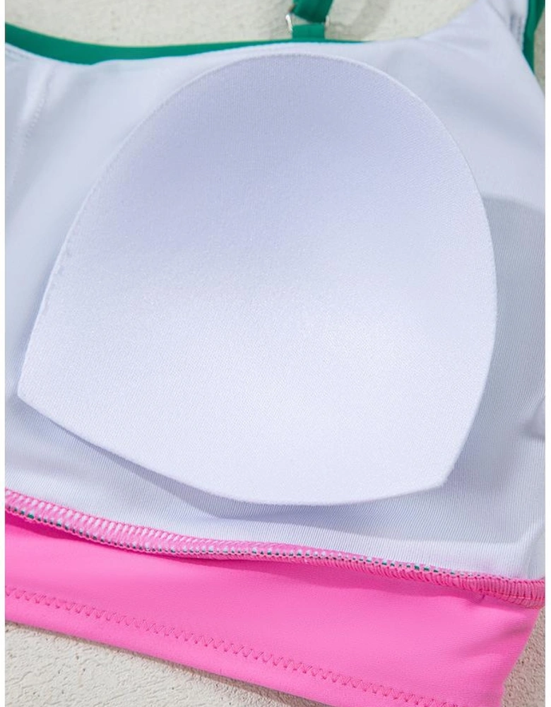 Sea Green Contrast Trim Colorblock Patchwork High Waisted Bikini