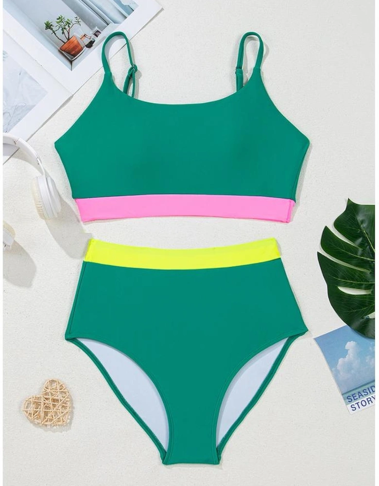 Sea Green Contrast Trim Colorblock Patchwork High Waisted Bikini