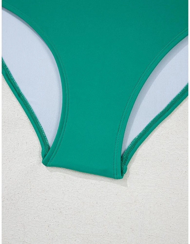 Sea Green Contrast Trim Colorblock Patchwork High Waisted Bikini