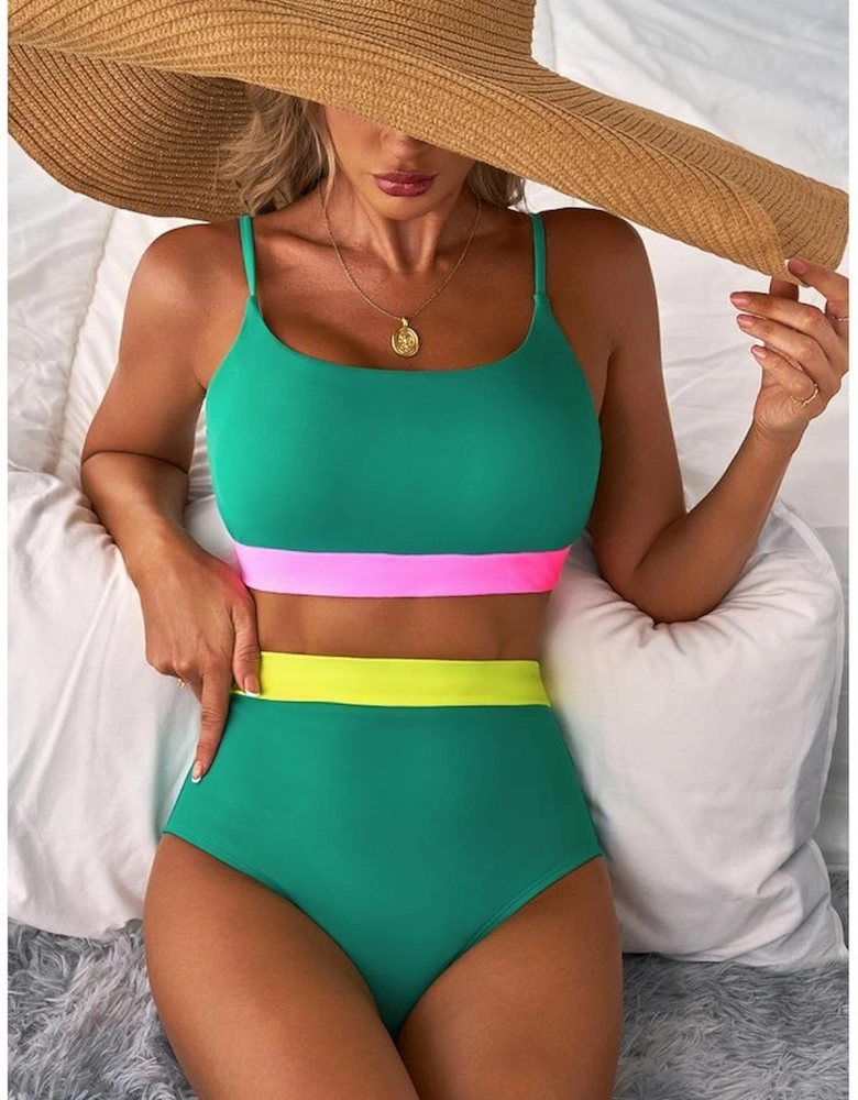 Sea Green Contrast Trim Colorblock Patchwork High Waisted Bikini