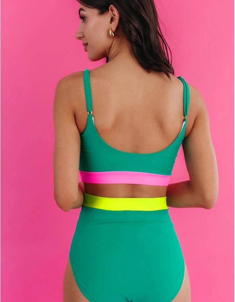 Sea Green Contrast Trim Colorblock Patchwork High Waisted Bikini