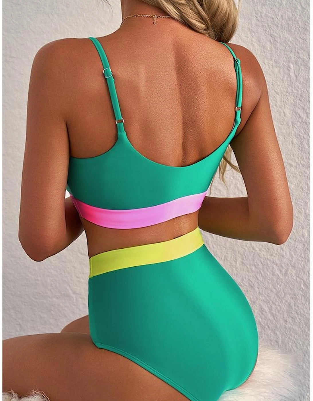 Sea Green Contrast Trim Colorblock Patchwork High Waisted Bikini