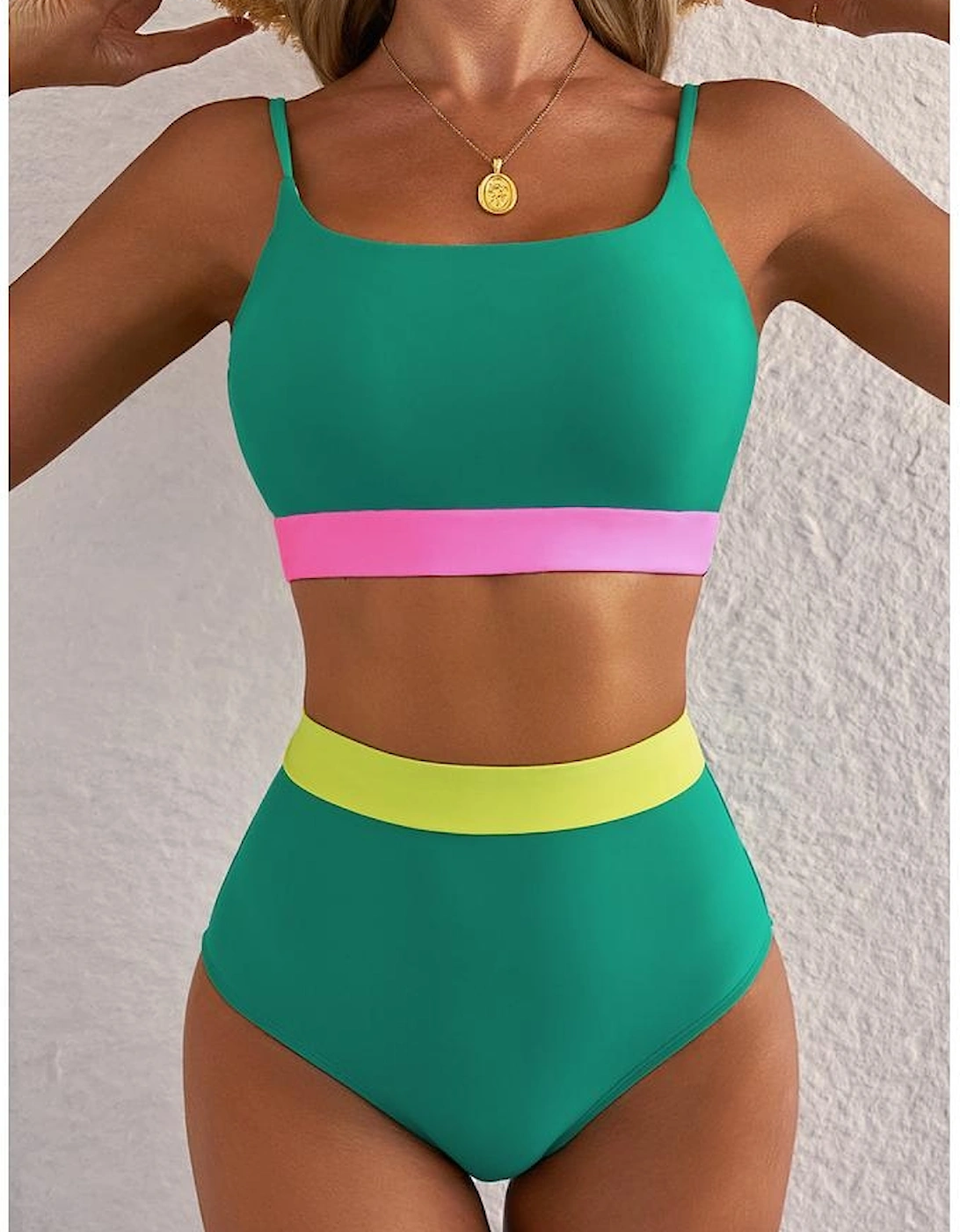 Sea Green Contrast Trim Colorblock Patchwork High Waisted Bikini