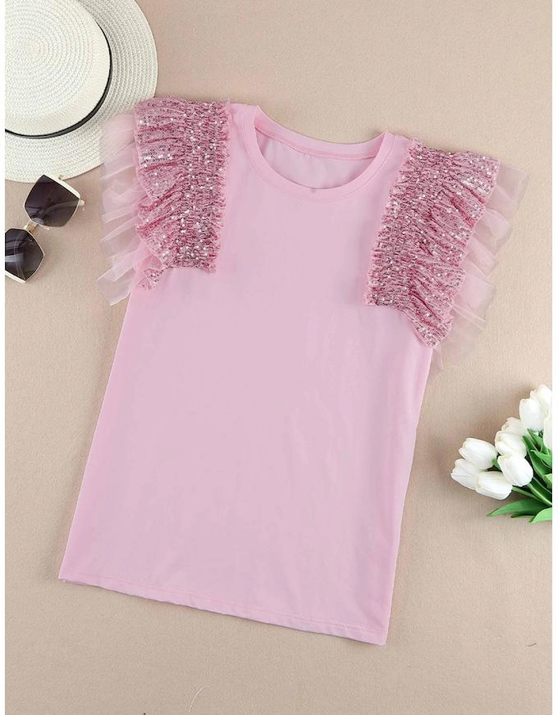 Pink Sequined Ruffle Mesh Sleeves Top, 15 of 14