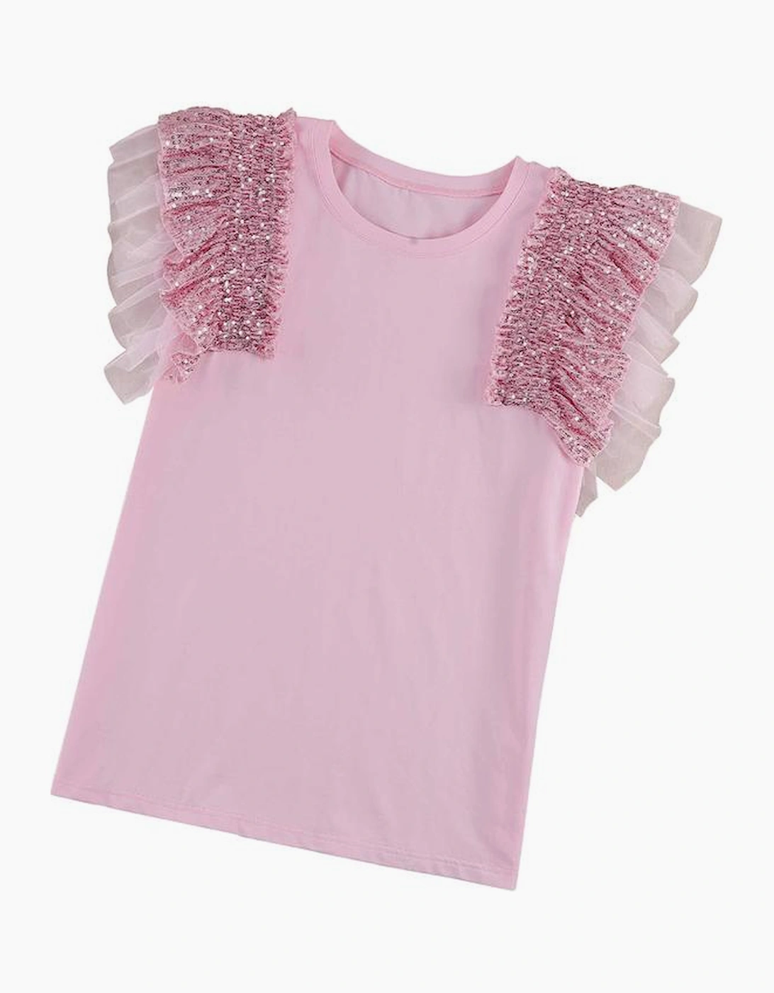 Pink Sequined Ruffle Mesh Sleeves Top