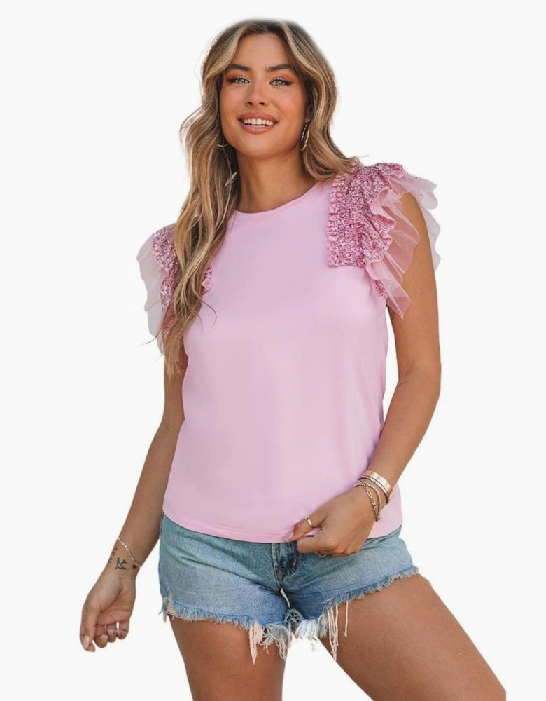 Pink Sequined Ruffle Mesh Sleeves Top