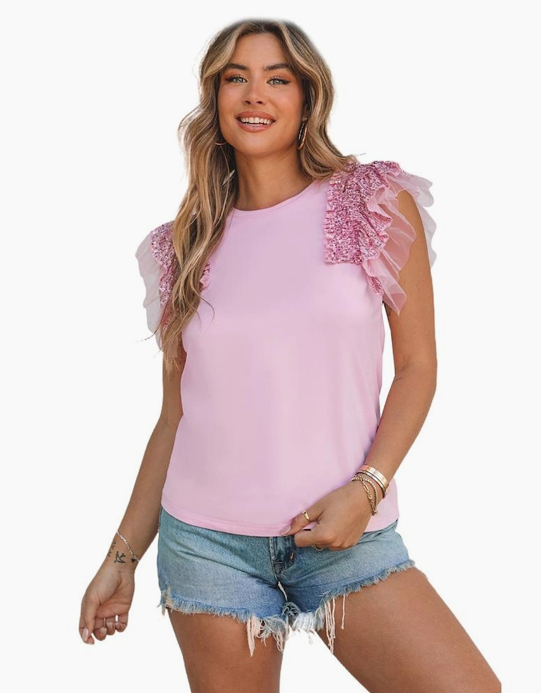 Pink Sequined Ruffle Mesh Sleeves Top