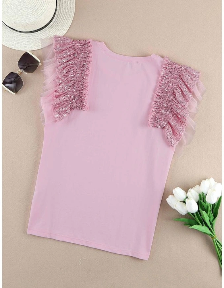 Pink Sequined Ruffle Mesh Sleeves Top
