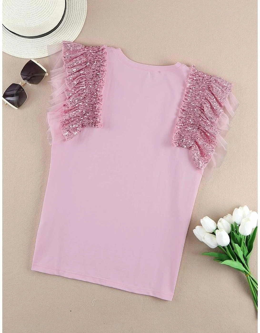 Pink Sequined Ruffle Mesh Sleeves Top