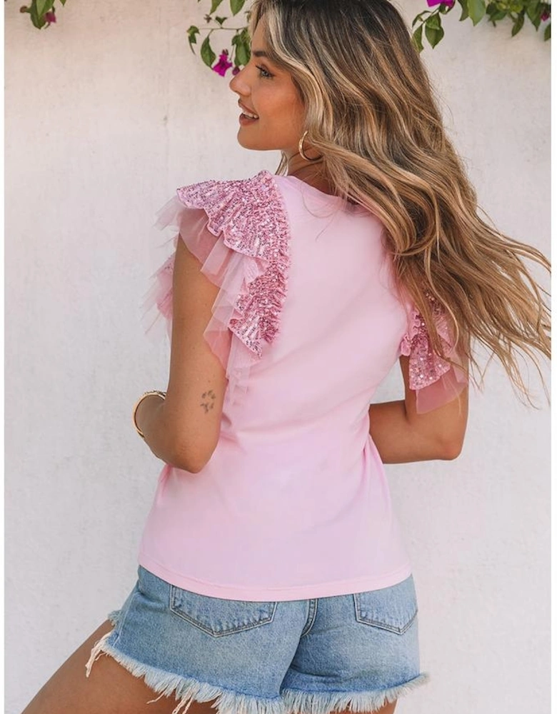 Pink Sequined Ruffle Mesh Sleeves Top
