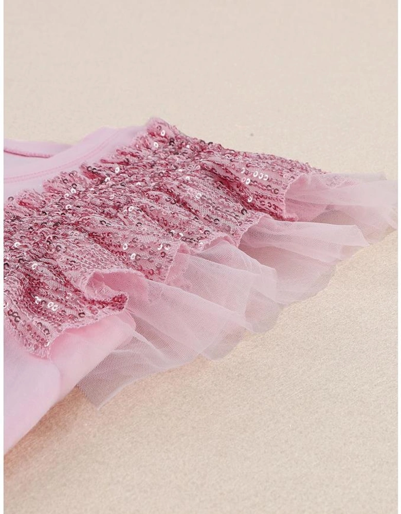 Pink Sequined Ruffle Mesh Sleeves Top
