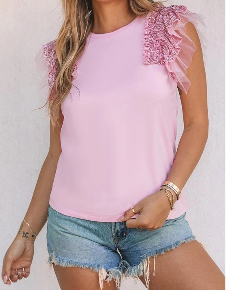 Pink Sequined Ruffle Mesh Sleeves Top