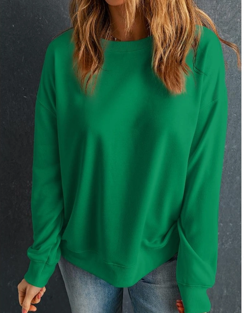 Dark Green Solid Classic Crewneck Pullover Sweatshirt