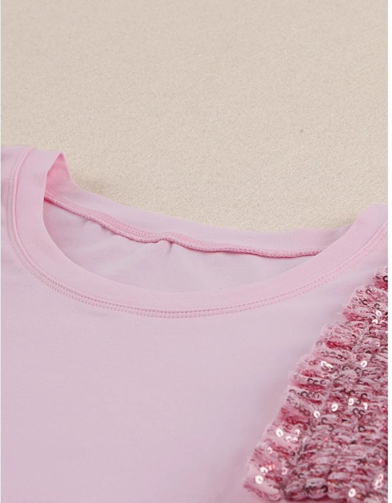 Pink Sequined Ruffle Mesh Sleeves Top