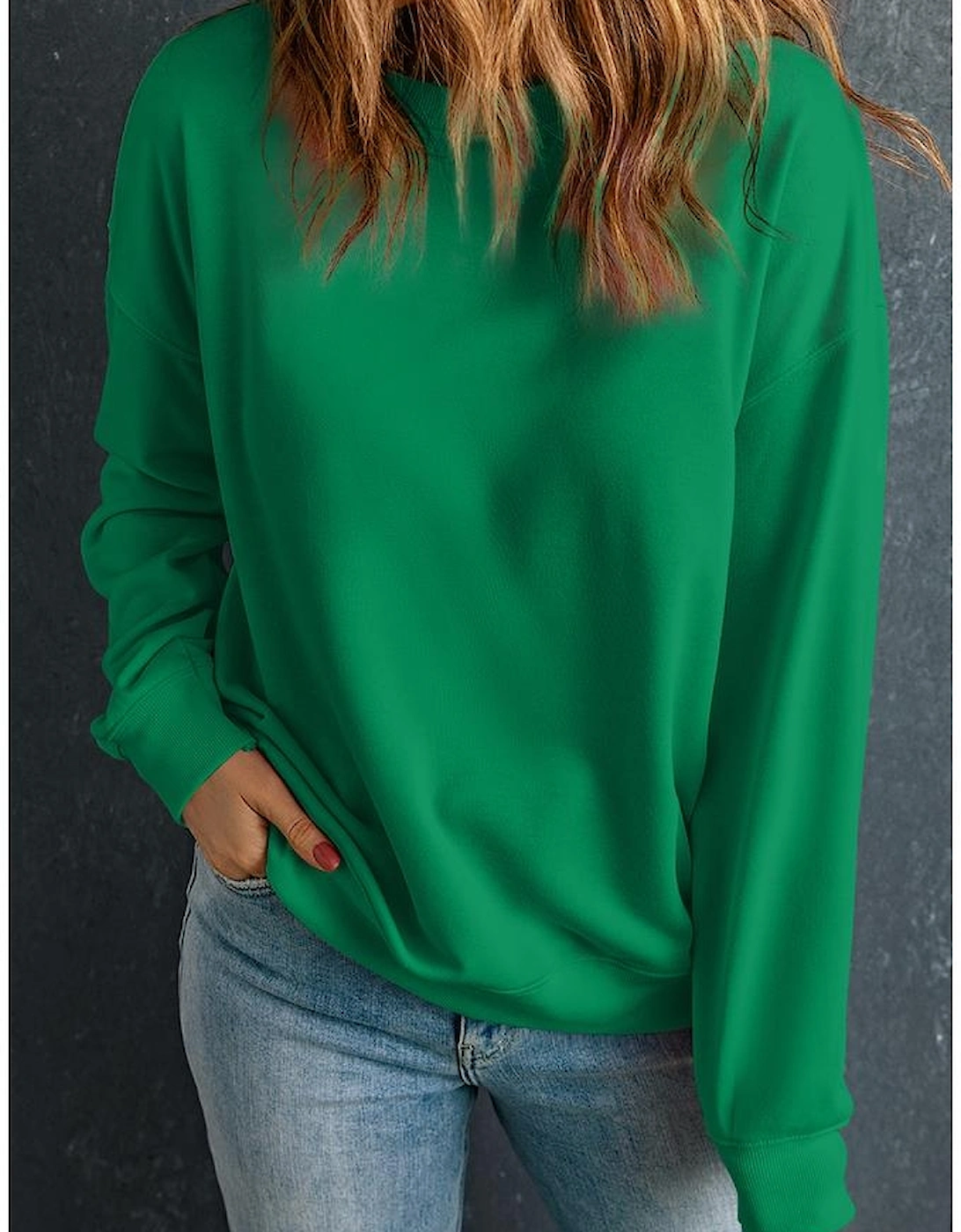 Dark Green Solid Classic Crewneck Pullover Sweatshirt