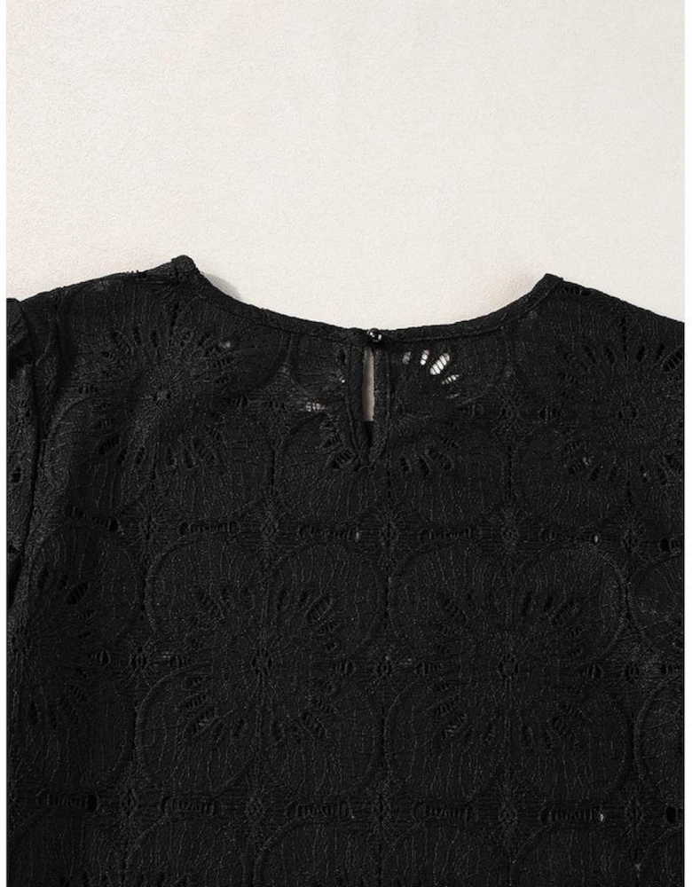 Black Flower Eyelet Jacquard Keyhole Flounce Sleeve Top