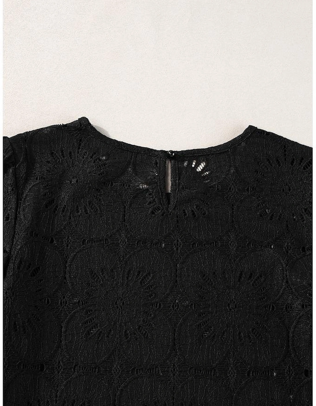 Black Flower Eyelet Jacquard Keyhole Flounce Sleeve Top