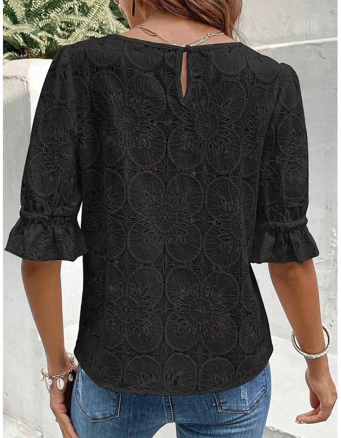 Black Flower Eyelet Jacquard Keyhole Flounce Sleeve Top