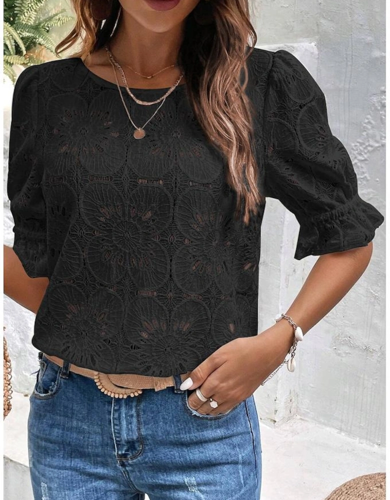 Black Flower Eyelet Jacquard Keyhole Flounce Sleeve Top