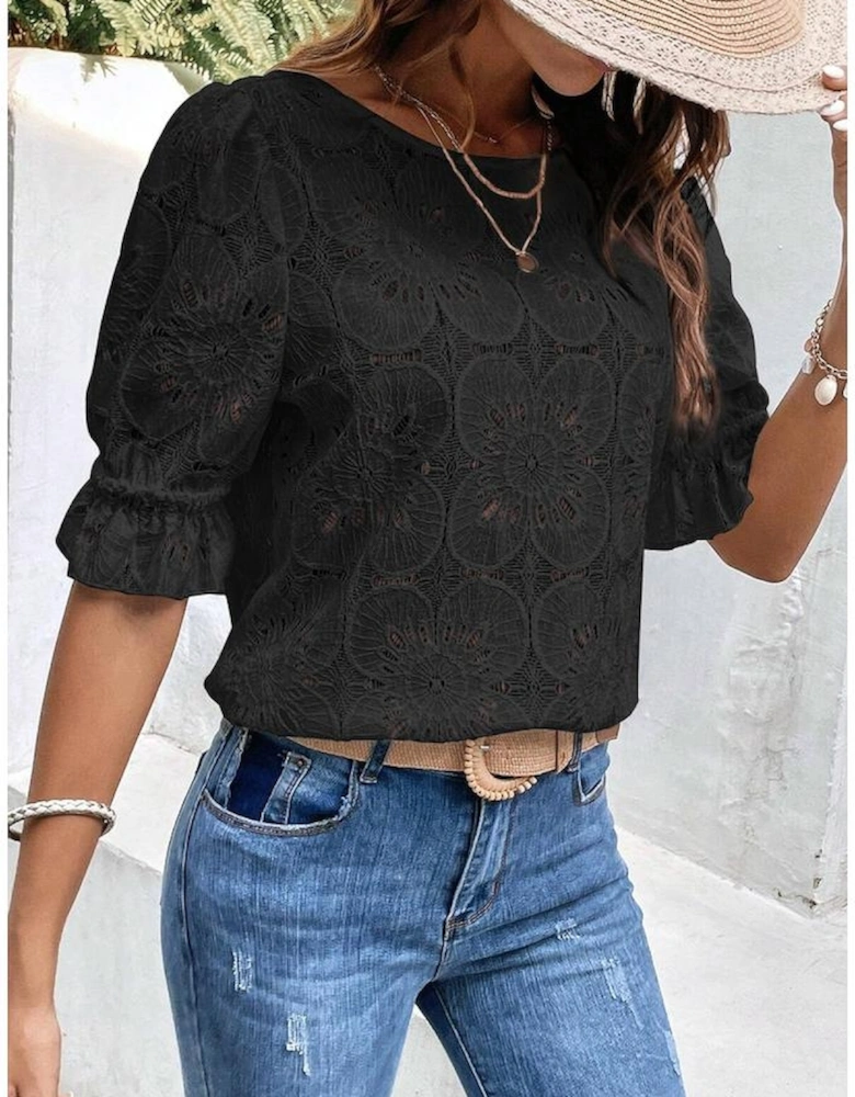 Black Flower Eyelet Jacquard Keyhole Flounce Sleeve Top