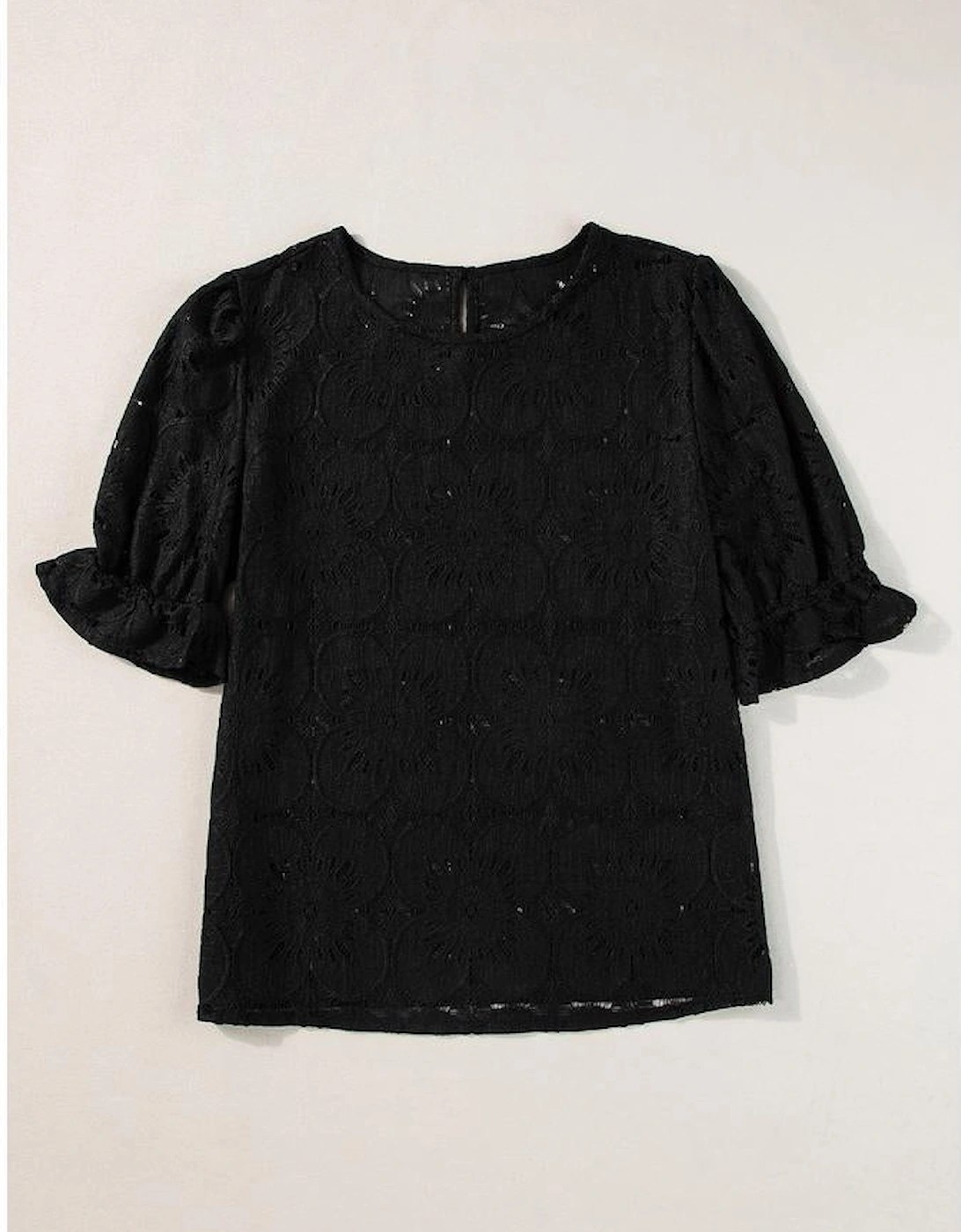 Black Flower Eyelet Jacquard Keyhole Flounce Sleeve Top