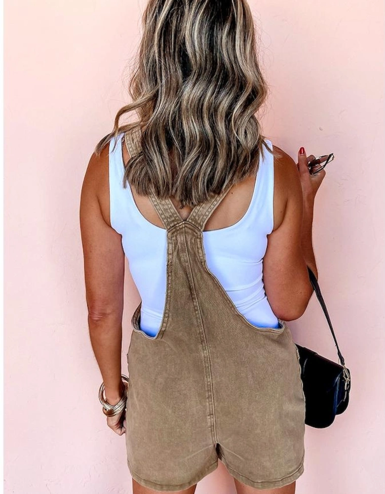 Light French Beige Solid Color Knot Straps Denim Romper with Pockets