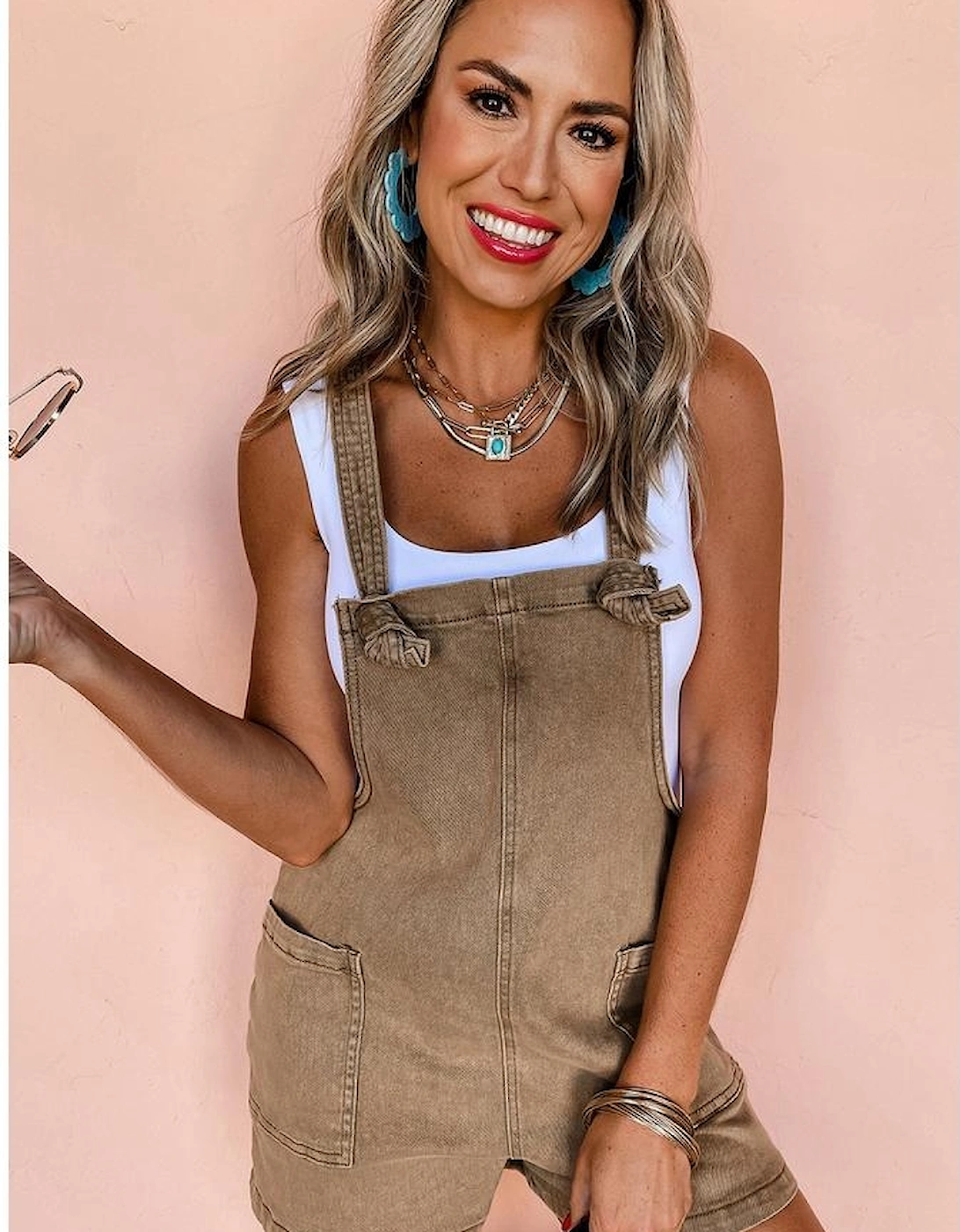 Light French Beige Solid Color Knot Straps Denim Romper with Pockets