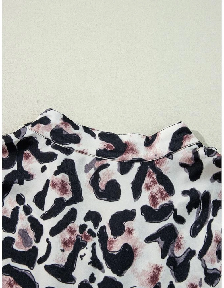 Black Leopard Print Buttoned Front 3/4 Sleeve Tiered Ruffled Hem Dress