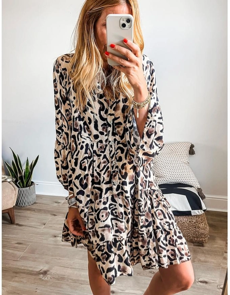 Black Leopard Print Buttoned Front 3/4 Sleeve Tiered Ruffled Hem Dress