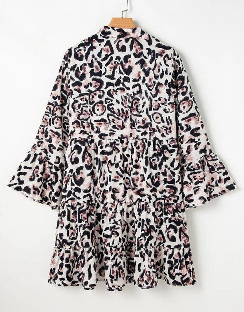 Black Leopard Print Buttoned Front 3/4 Sleeve Tiered Ruffled Hem Dress