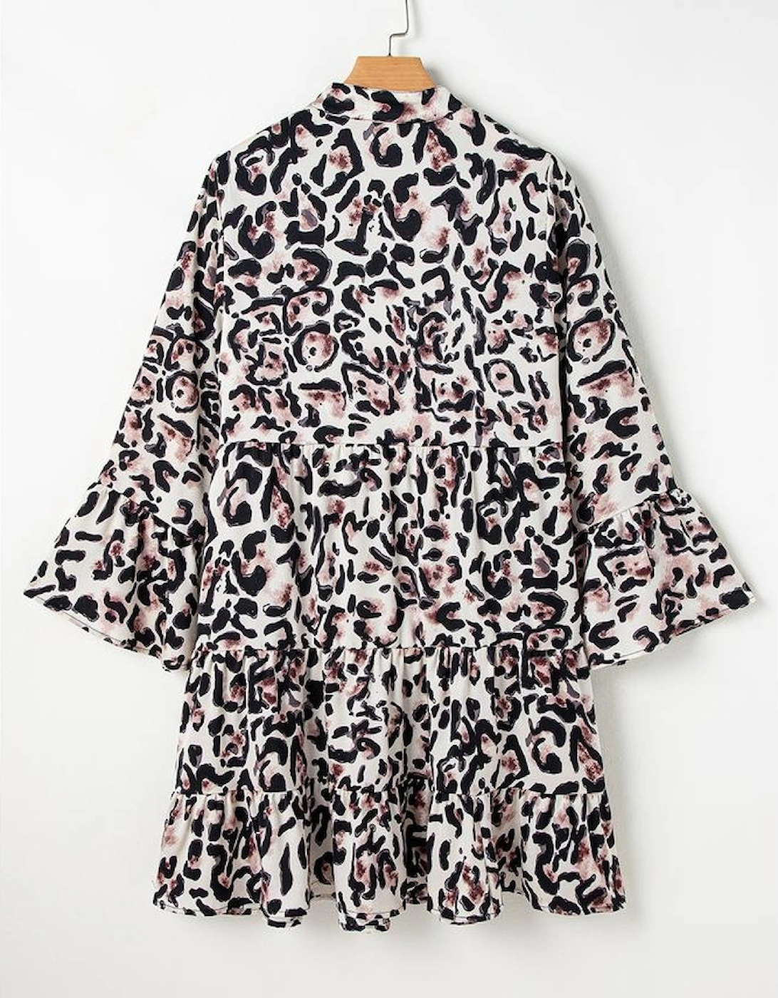 Black Leopard Print Buttoned Front 3/4 Sleeve Tiered Ruffled Hem Dress, 13 of 12