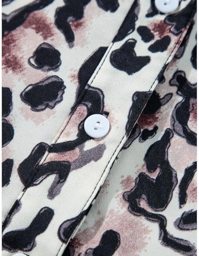 Black Leopard Print Buttoned Front 3/4 Sleeve Tiered Ruffled Hem Dress