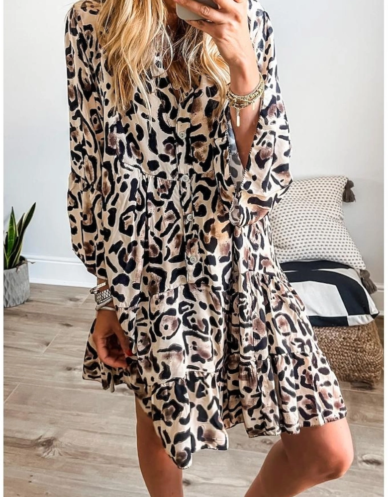 Black Leopard Print Buttoned Front 3/4 Sleeve Tiered Ruffled Hem Dress