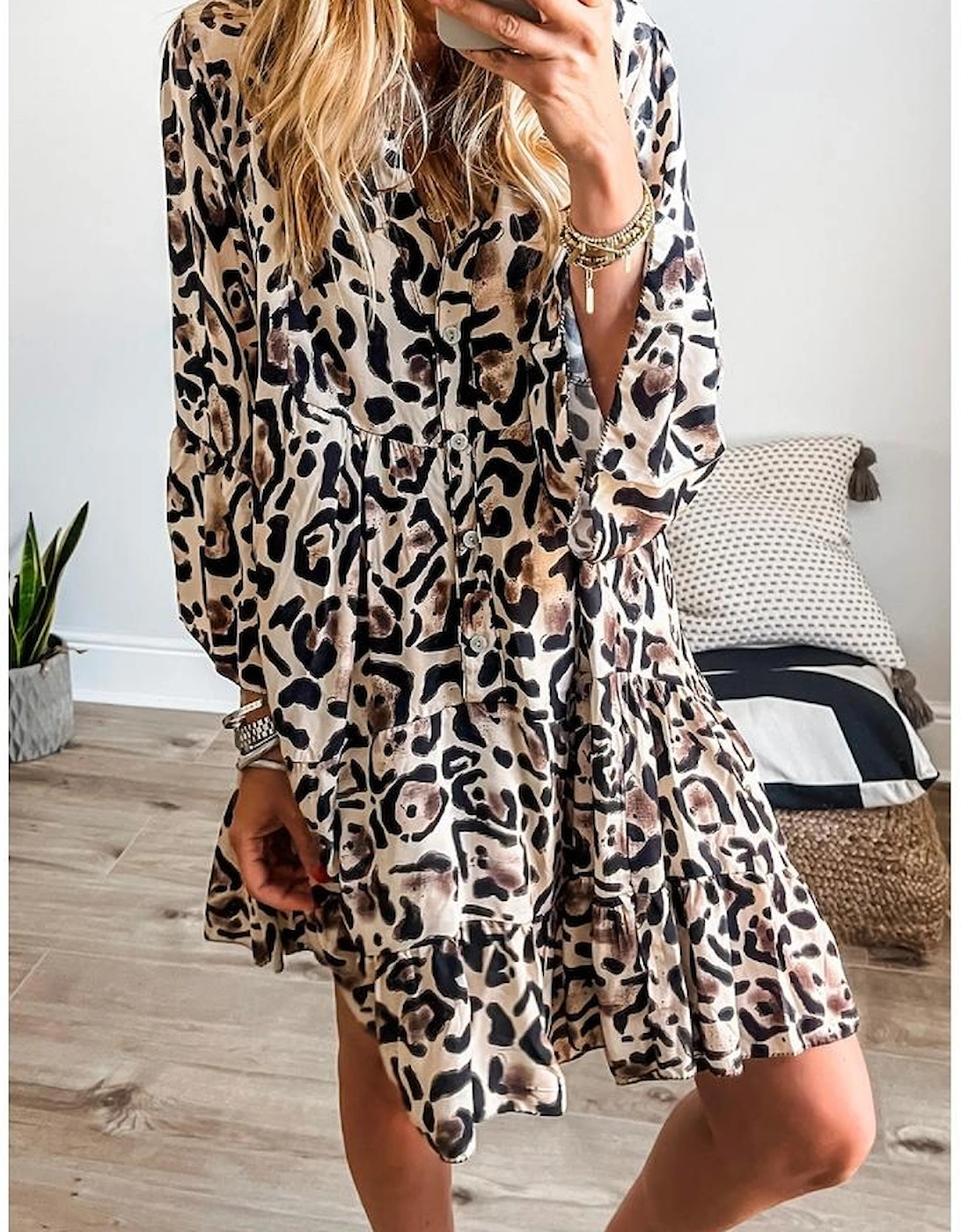 Black Leopard Print Buttoned Front 3/4 Sleeve Tiered Ruffled Hem Dress