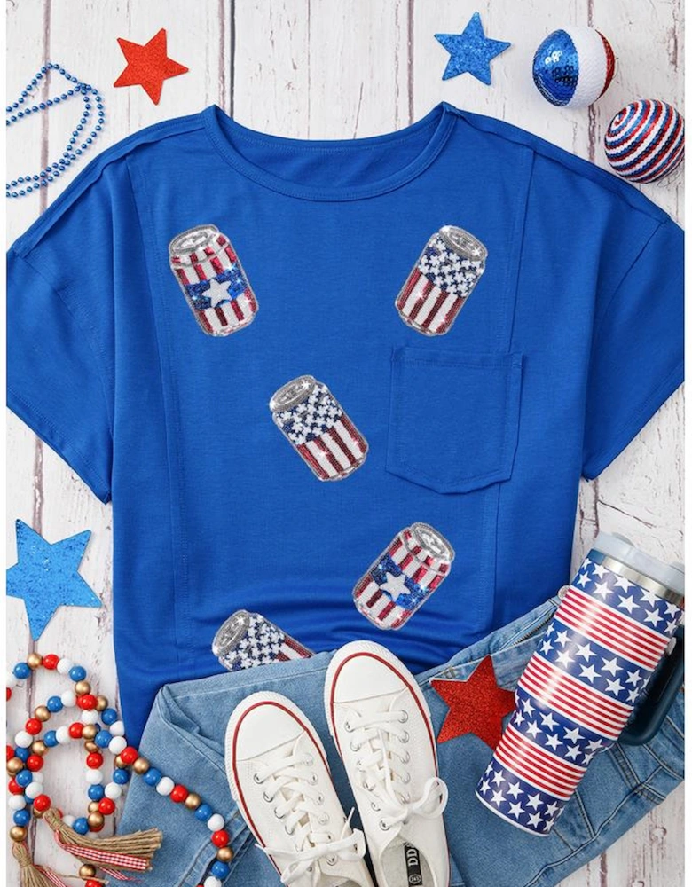 Blue Sequined American Flag Pop Can Pattern Oversized Tee
