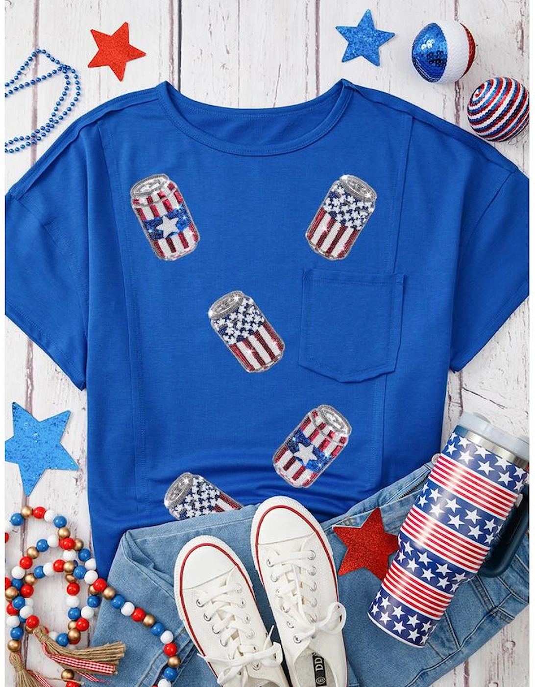Blue Sequined American Flag Pop Can Pattern Oversized Tee, 5 of 4