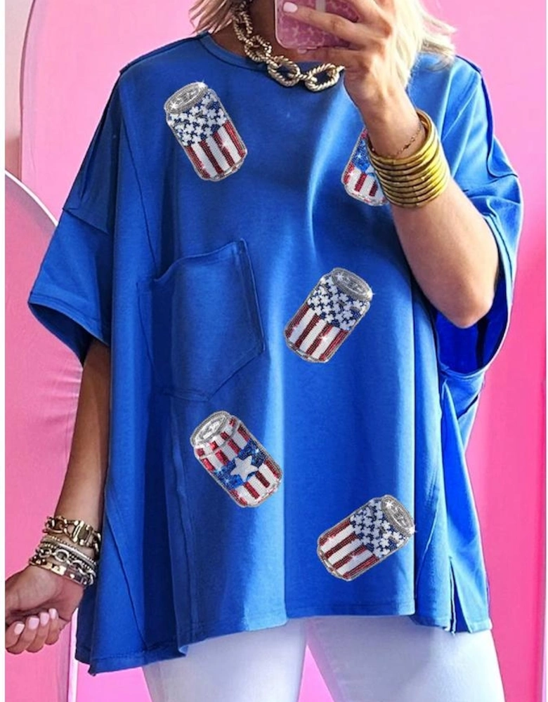 Blue Sequined American Flag Pop Can Pattern Oversized Tee