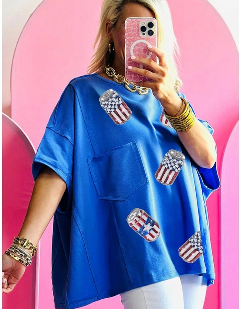 Blue Sequined American Flag Pop Can Pattern Oversized Tee