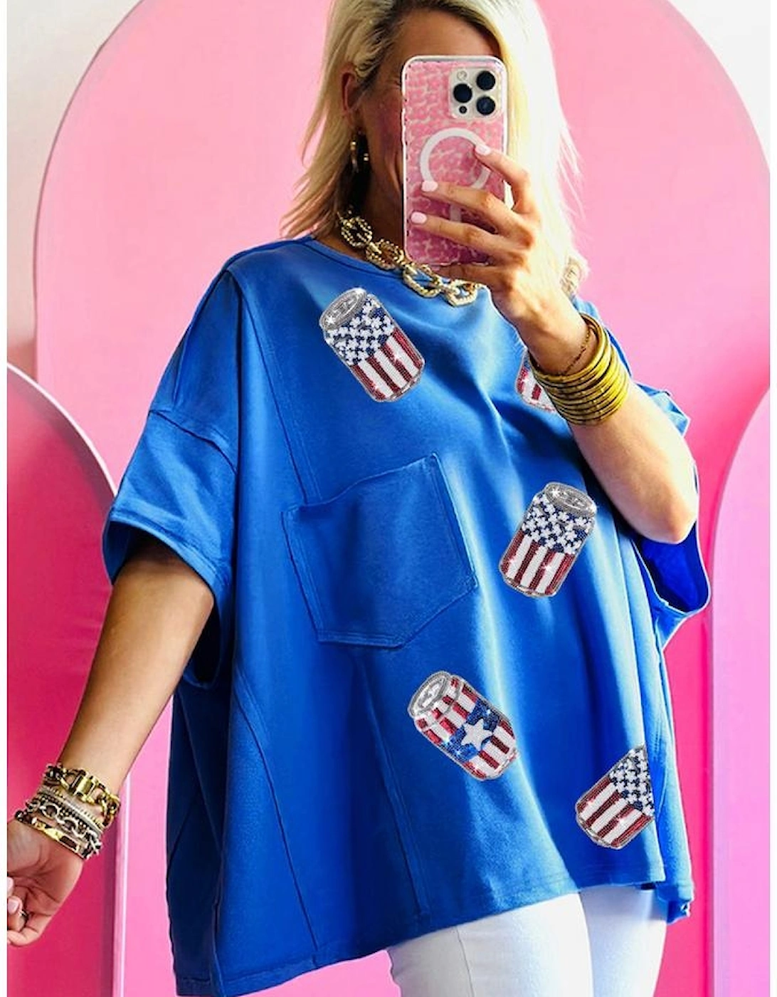 Blue Sequined American Flag Pop Can Pattern Oversized Tee