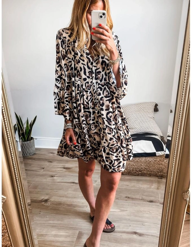 Black Leopard Print Buttoned Front 3/4 Sleeve Tiered Ruffled Hem Dress