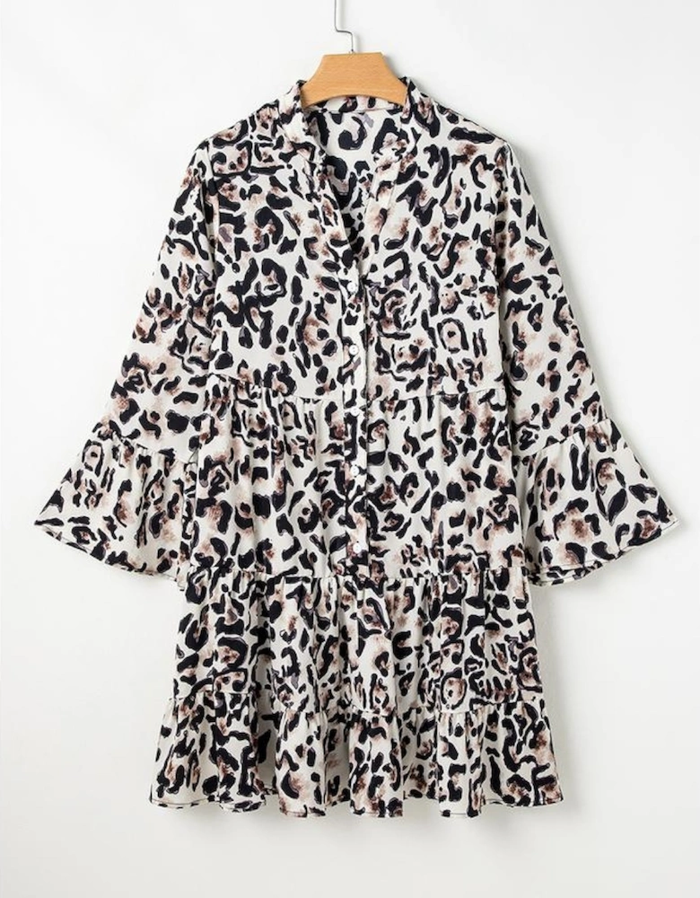 Black Leopard Print Buttoned Front 3/4 Sleeve Tiered Ruffled Hem Dress