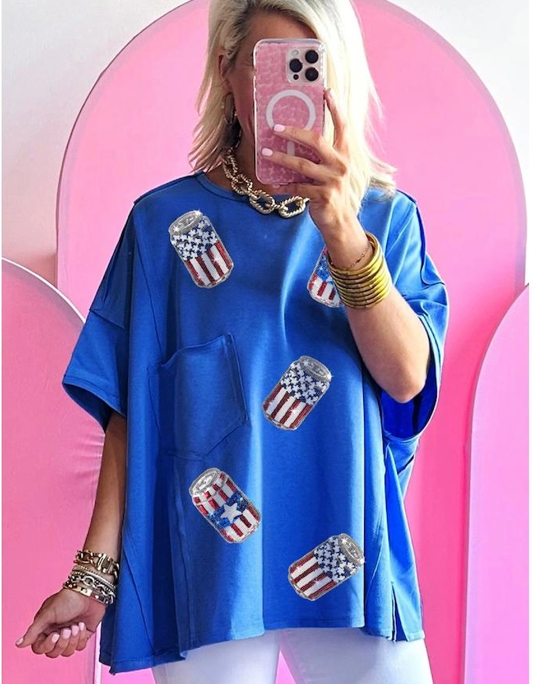 Blue Sequined American Flag Pop Can Pattern Oversized Tee